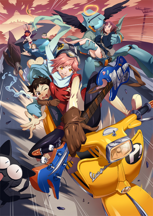 Haruko Haruhara and Naota from FLCL with a Vespa