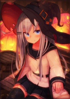 Anime girl in witch hat with pumpkins