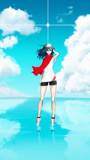 Anime girl with red scarf standing on water