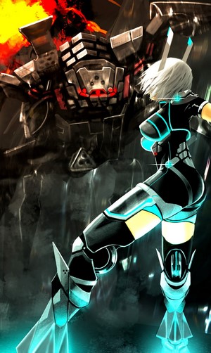Girl in cybernetic suit fighting a mech