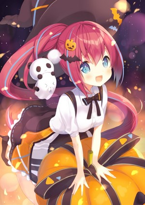 Anime girl in witch costume with pumpkin