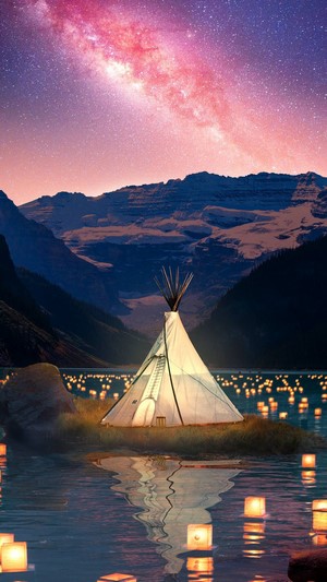 Tipi on island with lanterns and starry sky