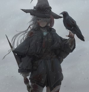 Anime witch with raven in snowy landscape