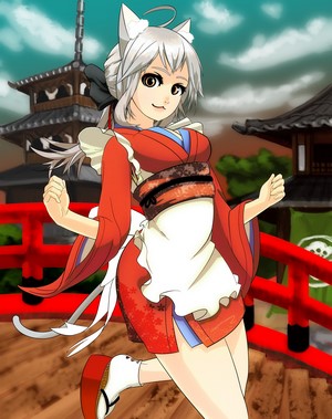 Anime girl with cat ears in a kimono