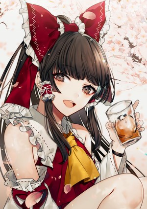 Reimu Hakurei from Touhou holding a drink
