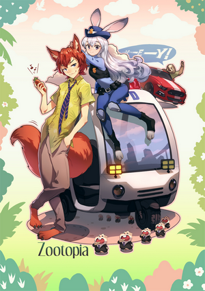 Nick Wilde and Judy Hopps from Zootopia on a police vehicle