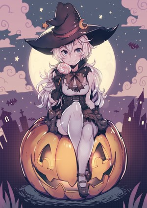 Witch girl with lollipop on pumpkin, Halloween night
