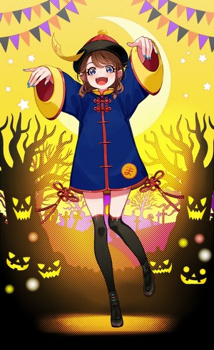 Anime girl in Chinese-style costume with Halloween background