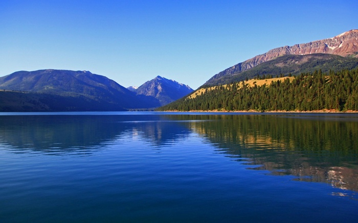Calm lake reflecting mountains and forest under a clear blue sky
