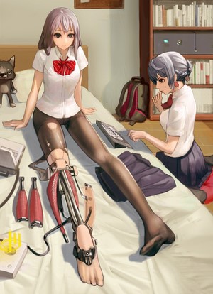 Girl with prosthetic leg and friend in school uniforms