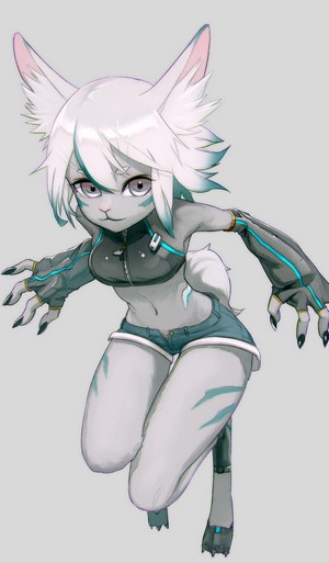 Anthro cat girl in jacket and shorts