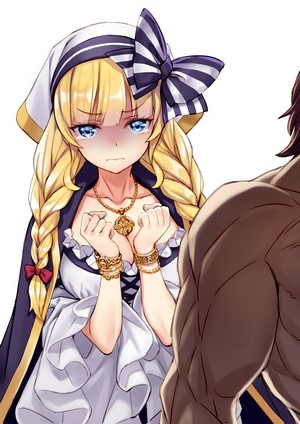 Anime girl with blonde braided hair and blue eyes