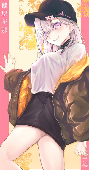 Anime girl with white hair and pink eyes wearing a cap
