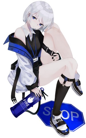 Anime girl with white hair holding a fire extinguisher