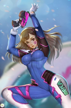D.Va from Overwatch holding a pink and black gun