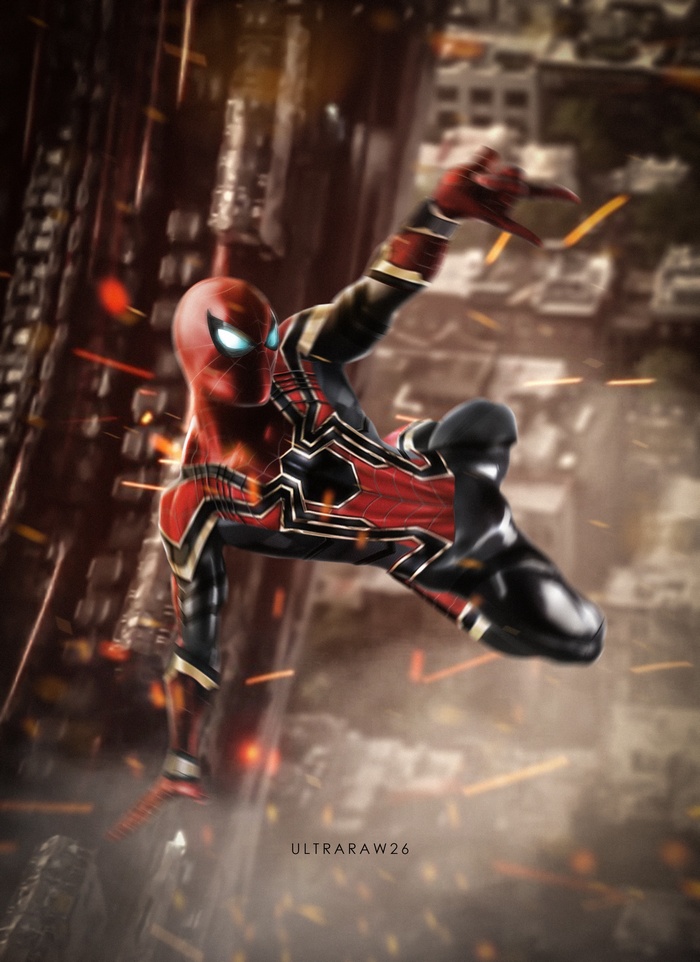 Spider-Man in Iron Spider suit in a city