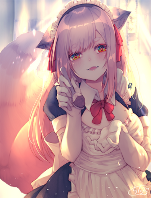 Anime girl with fox ears and tail in maid outfit