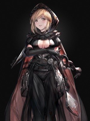 Anime girl with blonde hair and a black hood