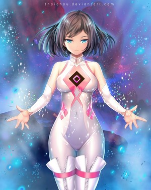 Woman in white bodysuit with pink accents