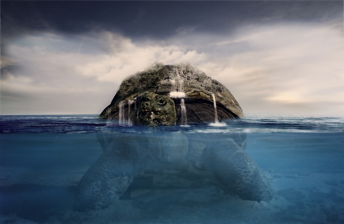 Giant turtle island with waterfalls in the ocean 4K