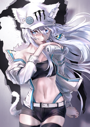 Anime girl with cat ears drinking Monster Energy