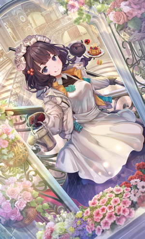 Anime girl with watering can and pancakes