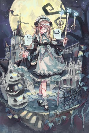 Anime girl in maid outfit with ghosts and pumpkins
