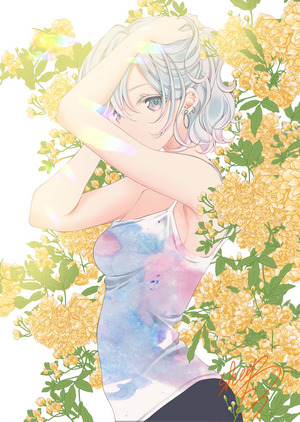 Anime girl with white hair and yellow flowers