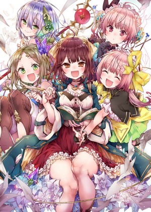 Anime girls from Atelier series holding a book