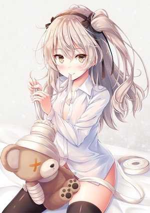 Anime girl with bandages and teddy bear