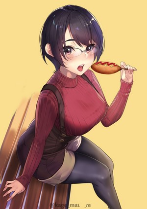 Anime girl with glasses eating a corn dog