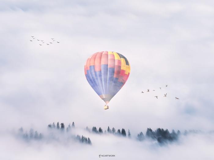 Hot air balloon flying over foggy forest with birds
