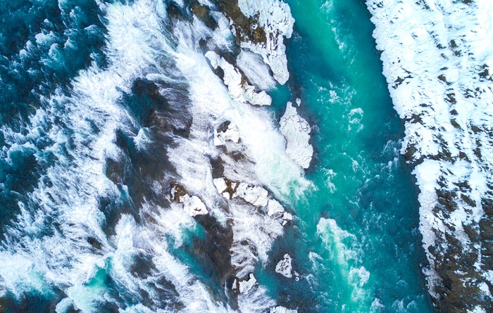 Aerial view of Gullfoss waterfall in Iceland, 4K