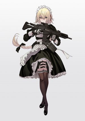 Anime girl in maid outfit holding a rifle