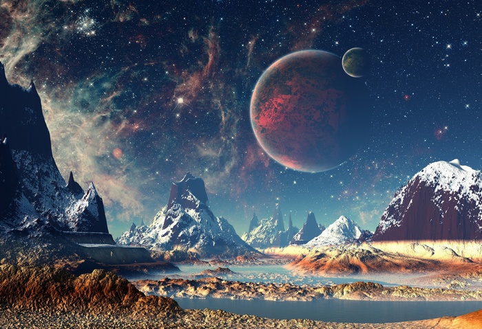Alien planet landscape with mountains and planets in the sky