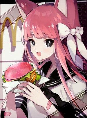 Anime girl with pink hair eating a burger at McDonald's