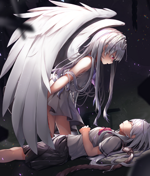 Anime girl with white wings over another girl