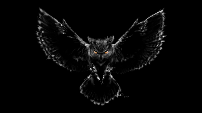 Scary owl with glowing eyes in the dark