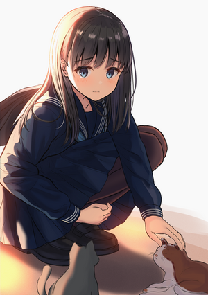 Anime girl in school uniform petting cats