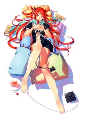 Redhead girl with horns listening to music