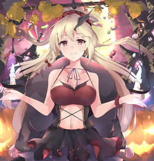 Anime girl in Halloween costume holding scales