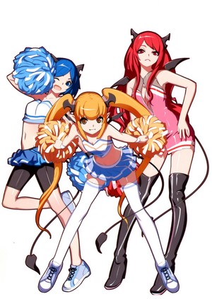 Three anime girls in cheerleader outfits with devil horns