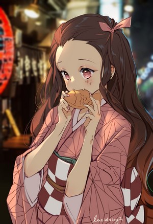 Kamado Nezuko Eating Taiyaki in Kimono
