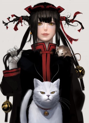 Anime girl with black hair and yellow eyes, white cat, and mouse