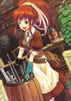 Anime girl with red hair in a workshop