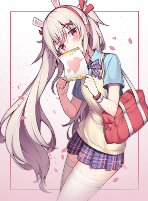 Anime girl with bunny ears holding a Valentine's card