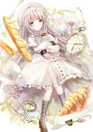 Anime girl with white hair and a white dress, tea party theme