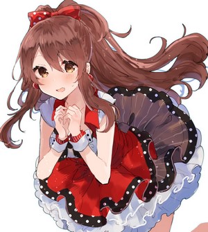 Anime girl with brown hair in a red dress