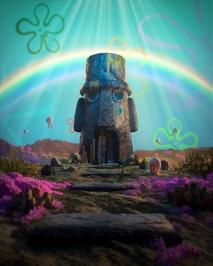 SpongeBob SquarePants Digital Artwork Featuring Easter Island Head