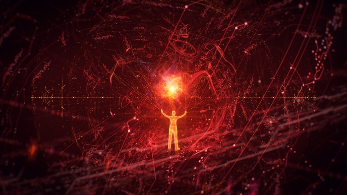Figure reaching for glowing orb in abstract red digital space 4K